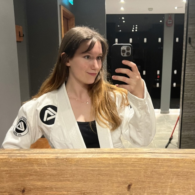 Gabrielle in a jiu-jitsu gi.